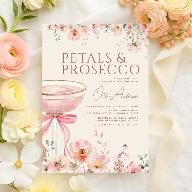 Petals & Prosecco Blush Pink Bow Bridal Shower  Invitation (Creator Uploaded)