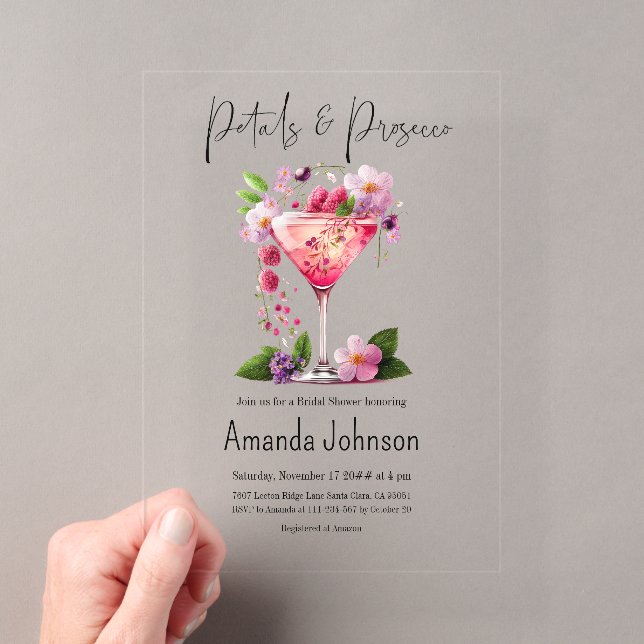Petals & Prosecco Blush Pink Floral Bridal Shower Acrylic Invitations (Insitu (Handheld))