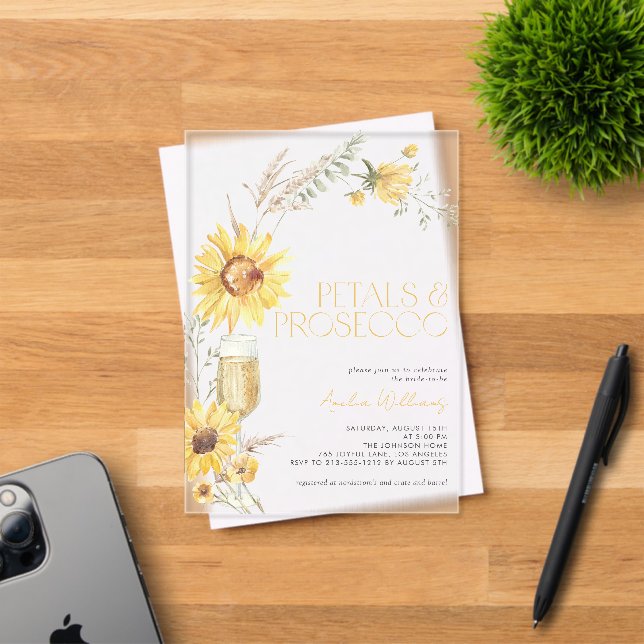 Petals & Prosecco Boho Sunflower Bridal Shower Acrylic Invitations (Insitu (Invitation Card))