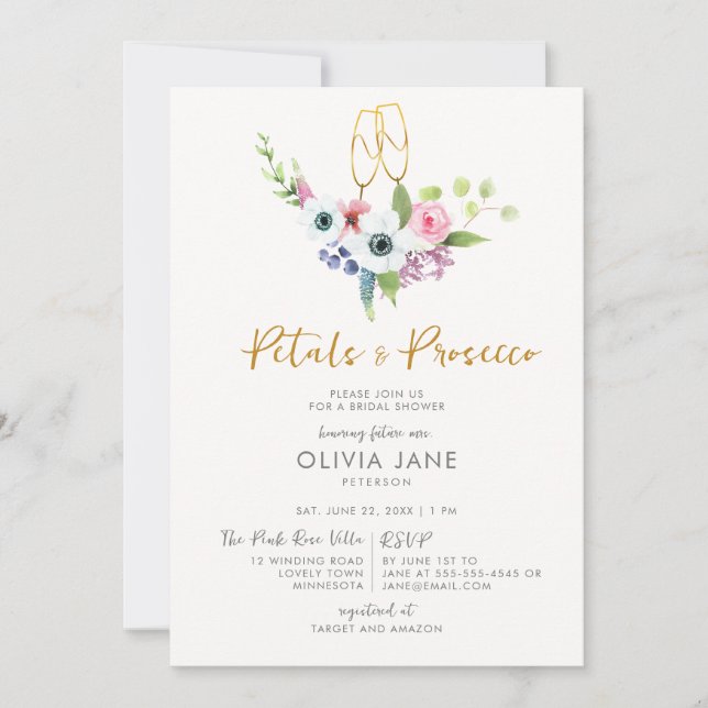 Petals Prosecco Bouquet Gold Bubbly Bridal Shower Invitation (Front)