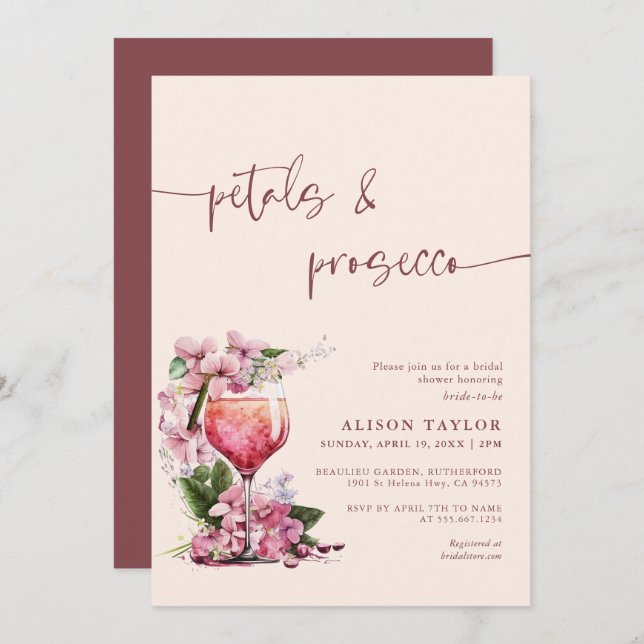 Petals & Prosecco Bridal Shower Boho Mauve Invitation (Front/Back)
