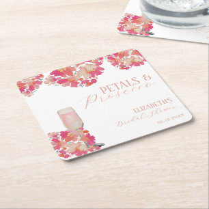 Petals & Prosecco Bridal Shower Floral Pink Square Paper Coaster