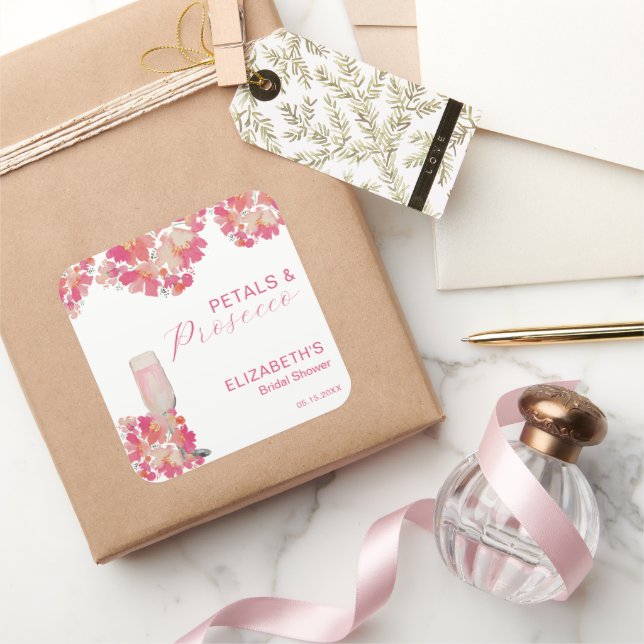 Petals & Prosecco Bridal Shower Floral Pink Square Sticker (Gifting)
