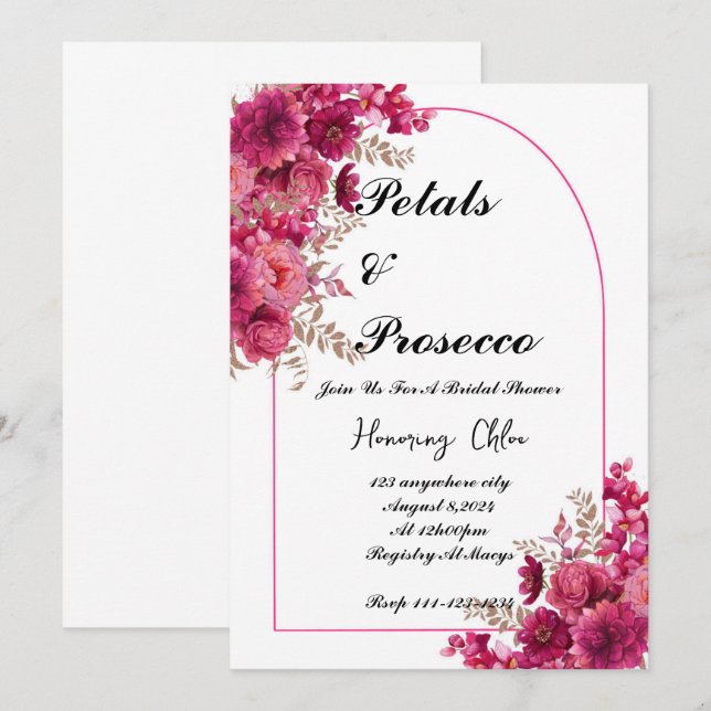 PETALS & PROSECCO BRIDAL SHOWER INVITATION, PINK INVITATION (Front/Back)