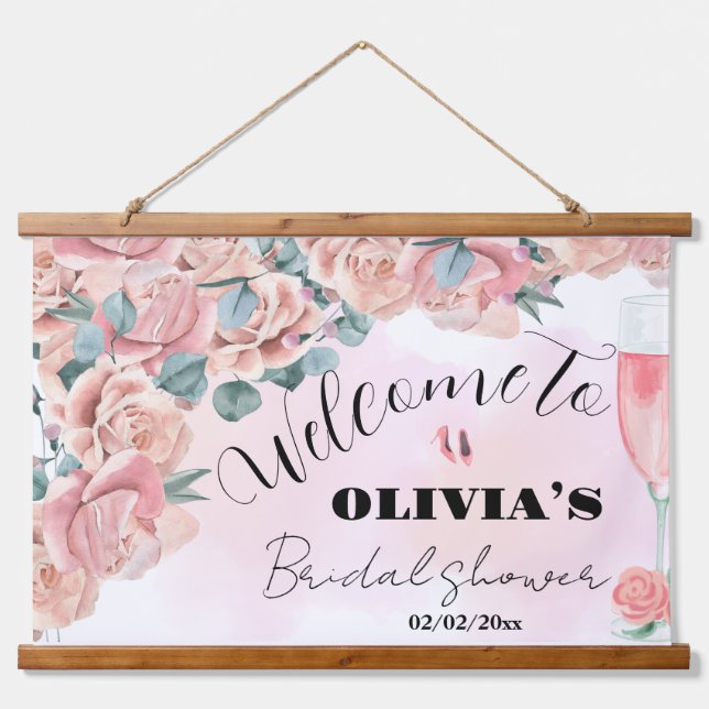 petals & prosecco bridal shower welcome sign hanging tapestry (Front)