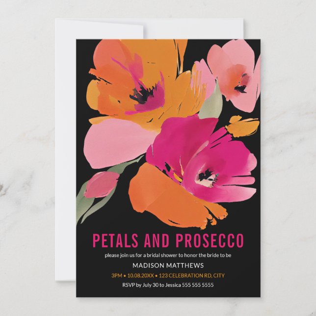 Petals & Prosecco Bright Abstract Floral Black Invitation (Front)