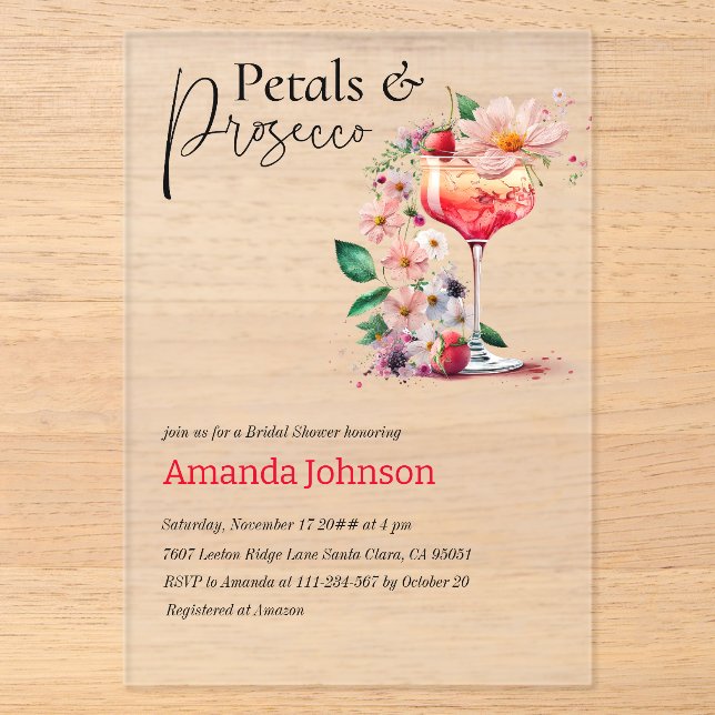 Petals & Prosecco Floral Bridal Shower Brunch Acrylic Invitations (Front)