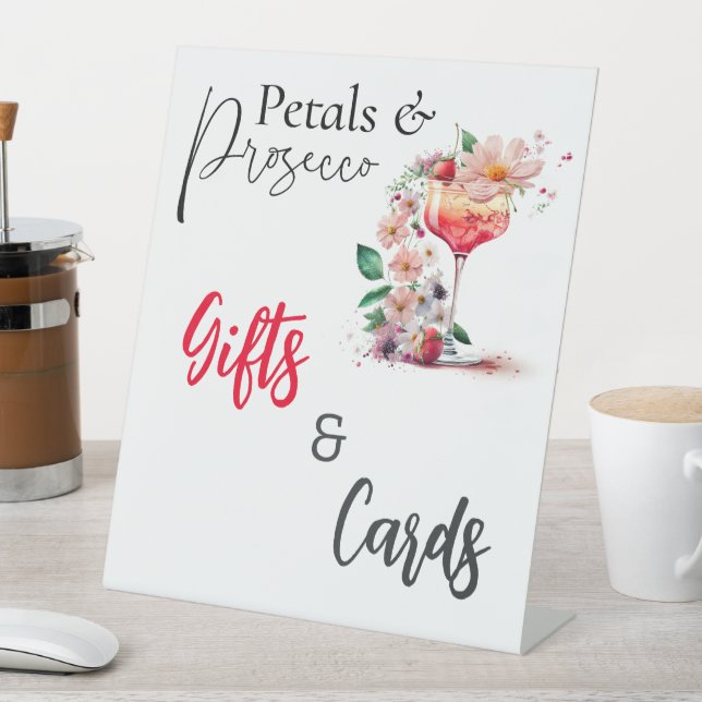 Petals Prosecco Floral Bridal Shower Brunch Gifts Pedestal Sign (In SItu)