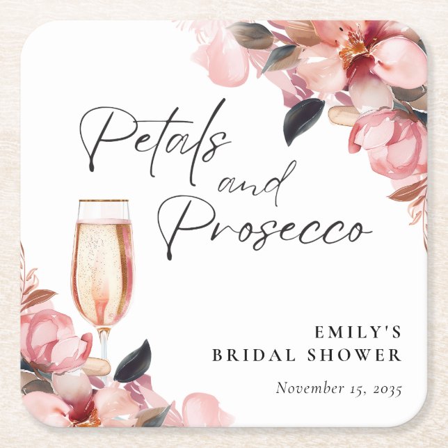 Petals & Prosecco Floral Bridal Shower Square Paper Coaster (Front)
