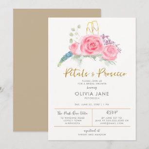 Petals Prosecco Floral Gold Bubbly Bridal Shower Invitation