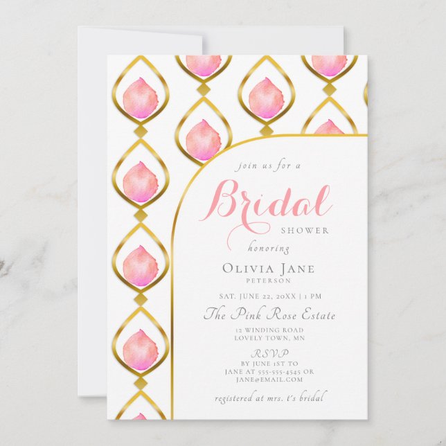 Petals Prosecco Gold Deco Pattern Bridal Shower Invitation (Front)