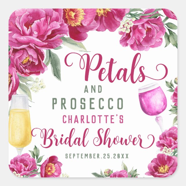 Petals & Prosecco Hot Pink Floral Bridal Shower Square Sticker (Front)