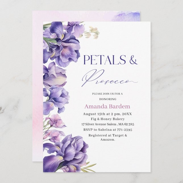 PETALS & PROSECCO IRIS FLOWER Watercolor  bridal s Invitation (Front/Back)