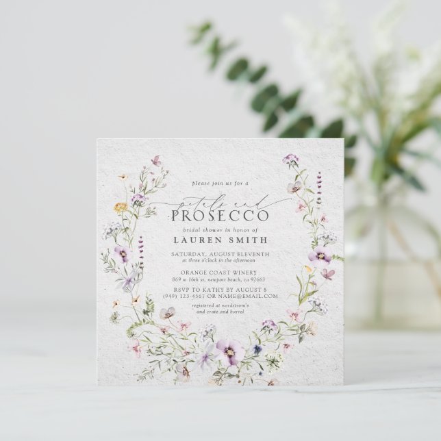 Petals Prosecco Lavender Wildflower Bridal Shower Invitation (Standing Front)