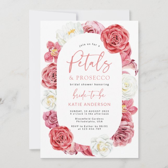 Petals & Prosecco Pink Floral Rose Bridal Shower Invitation (Front)
