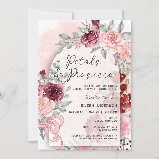 Petals & Prosecco Pink Roses Arch Bridal Shower Invitation (Front)