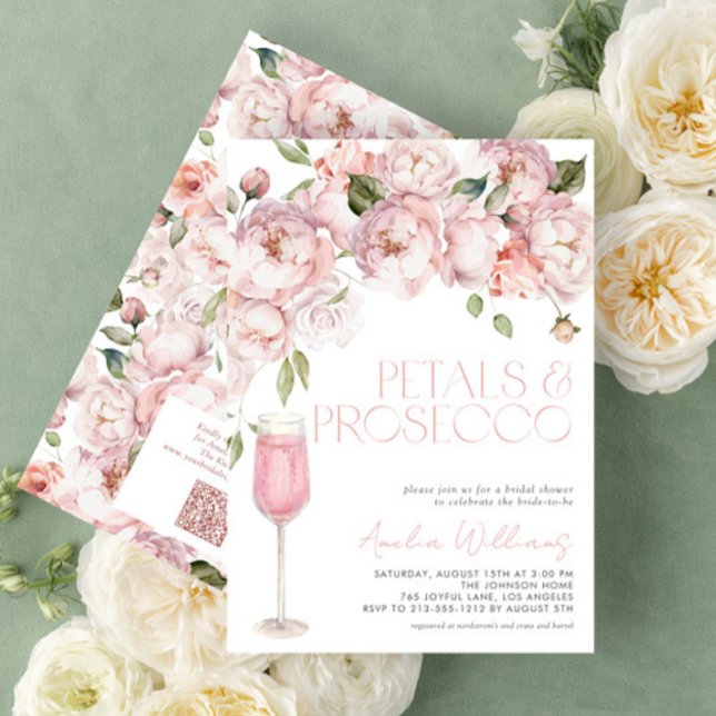 Petals & Prosecco QR Code Pink Bridal Shower Invitation (Creator Uploaded)