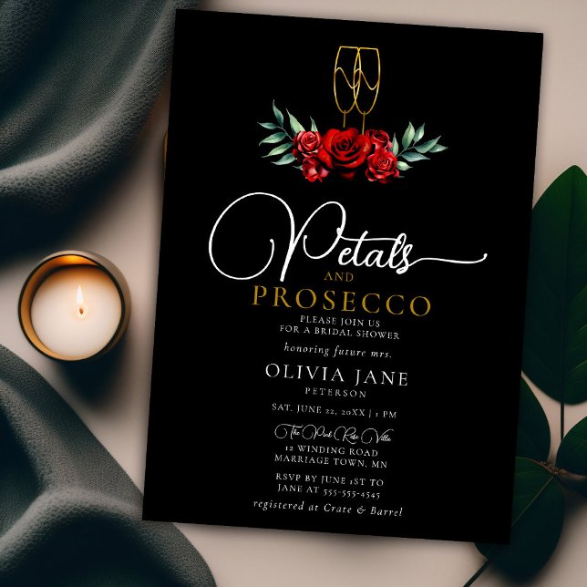 Petals Prosecco Red Roses Gold Dark Bridal Shower Invitation (Creator Uploaded)