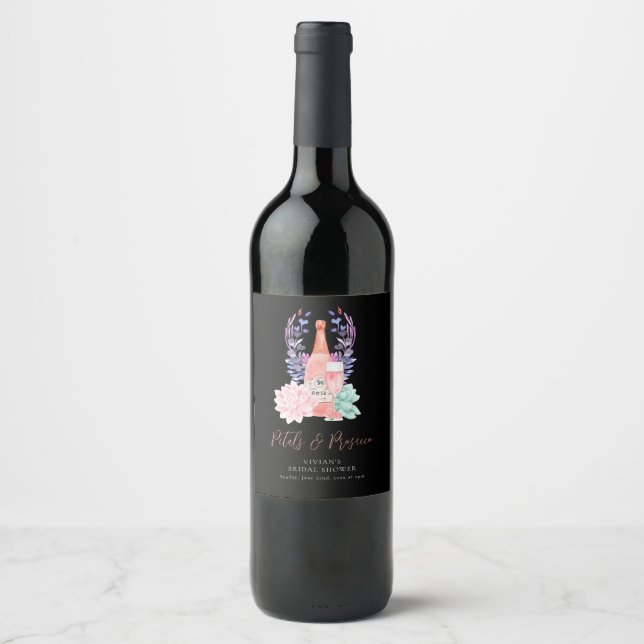 Petals & Prosecco Succulent Bridal Shower Wine Label (Front)