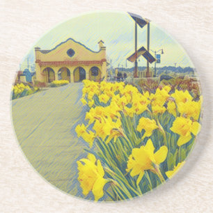 Petaluma Train Station and Daffodils Stone Coaster