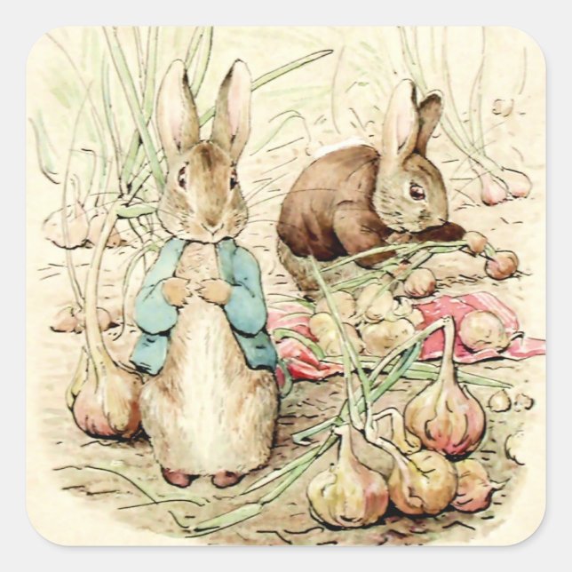 Peter and Benjamin Gather Onions by Beatrix Potter Square Sticker (Front)