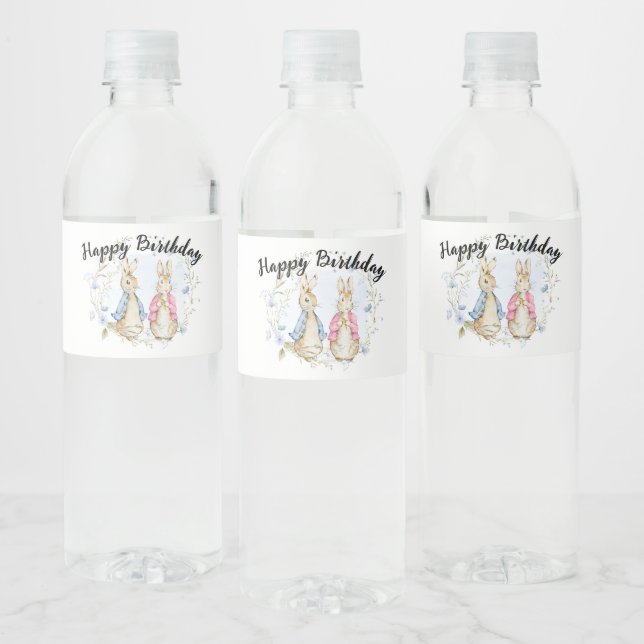Peter and Flopsy Rabbit Happy Birthday Water Bottle Label (Bottles)