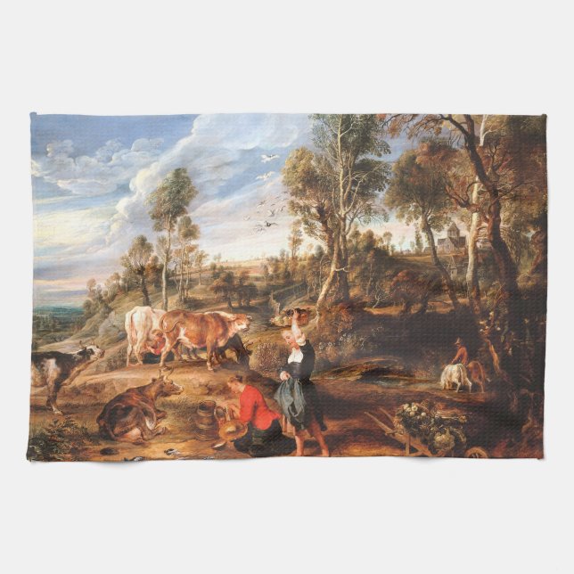 Peter Paul Rubens Milkmaids with Cattle in a Lands Kitchen Towel (Horizontal)