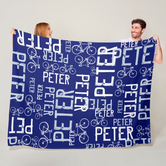Peter Personalized Name and Bikes Dark-Blue Fleece Blanket (In Situ)