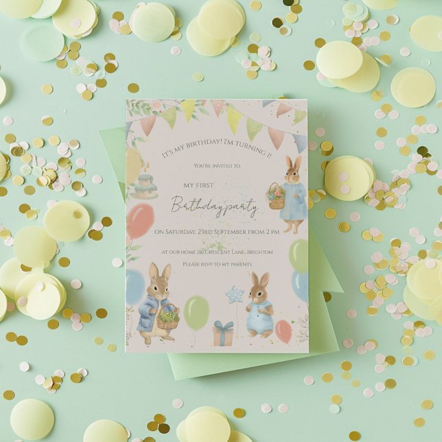 Peter Rabbit 1er Anniversaire Fête Invitation (Créateur téléchargé)