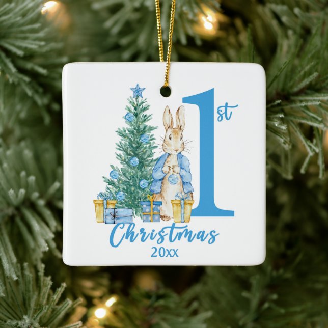 Peter Rabbit 1st First Blue Christmas Holiday Ceramic Ornament (Tree)