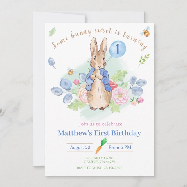 Peter Rabbit Birthday Invitation Bunny 1st Invite (Front)