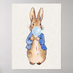 Peter Rabbit Blowing Blue bubble gum Beige Linen   Poster