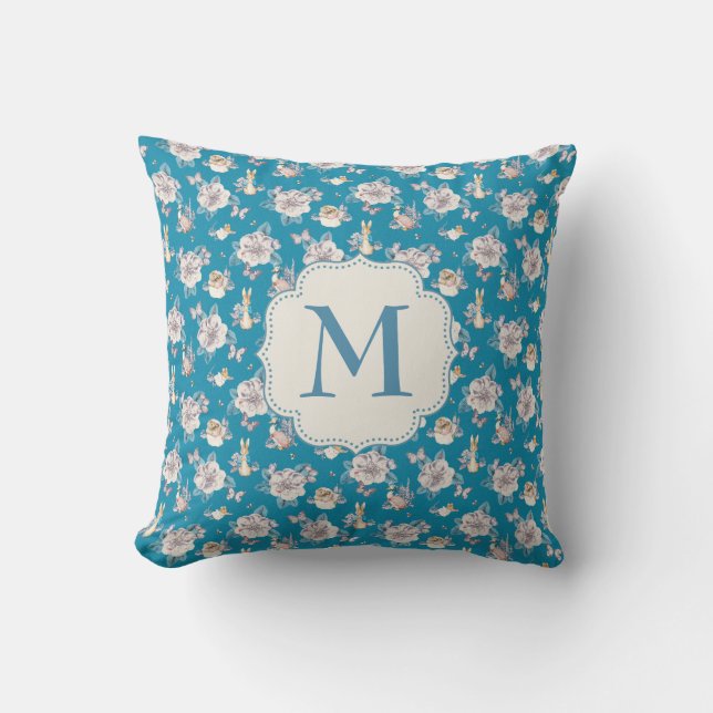 Peter Rabbit | Blue Floral Garden Pattern Throw Pillow (Front)