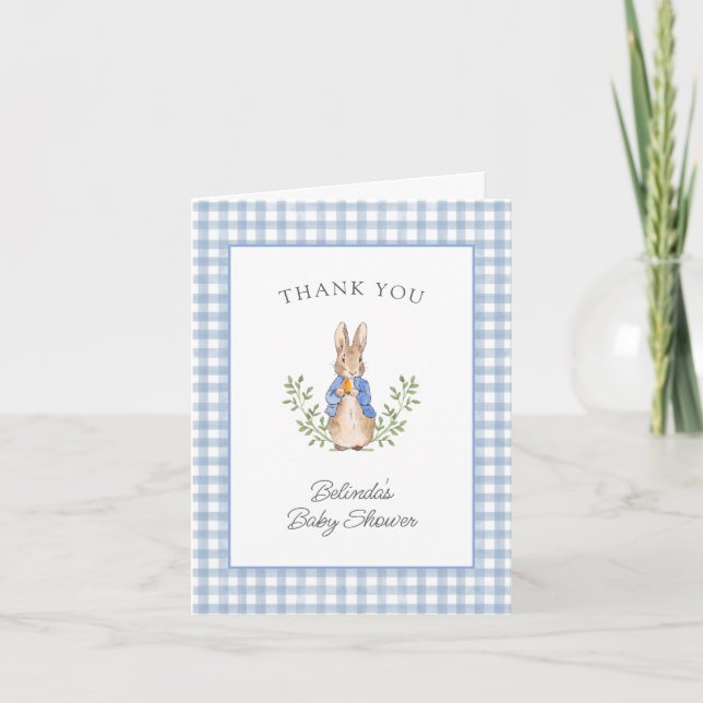 Peter Rabbit Blue Gingham Baby Shower Thank You Card (Front)