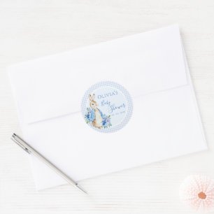 Peter Rabbit Blue Gingham Watercolor Baby Shower Classic Round Sticker