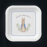 Peter Rabbit Blue White Vintage Baby Shower Paper Plate<br><div class="desc">Classic Peter Rabbit illustration; background colour and blue border are both editable,  along with all of the text</div>