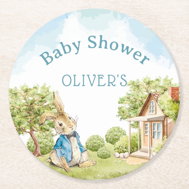 Peter Rabbit Boy Baby Shower Round Paper Coaster (Front)