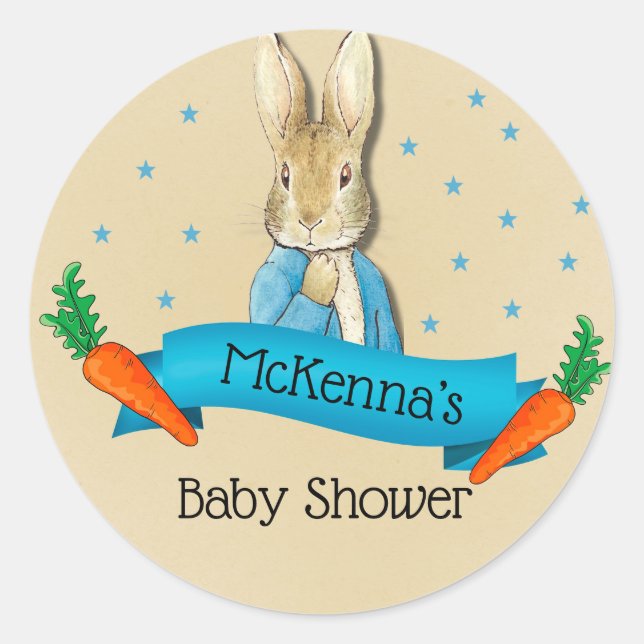 Peter Rabbit Carrots and Stars Boy Baby Shower Classic Round Sticker (Front)