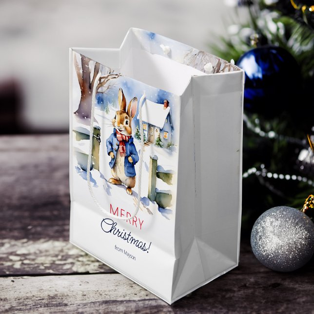 Peter rabbit Christmas personalized template Medium Gift Bag (Peter rabbit Christmas personalized template Medium Gift Bag vintage look snowy cottage cute bunny)