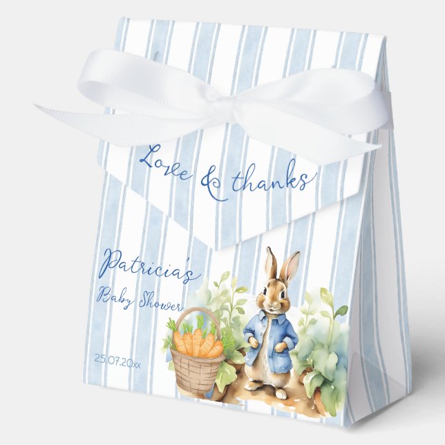 Peter rabbit dusty blue baby shower monogrammed favor box (Front)