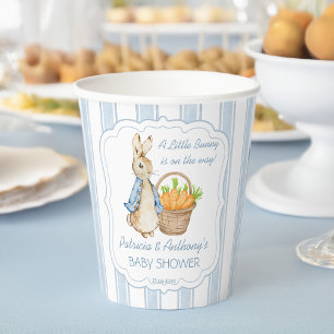 Peter rabbit dusty blue stripes baby shower custom paper cups