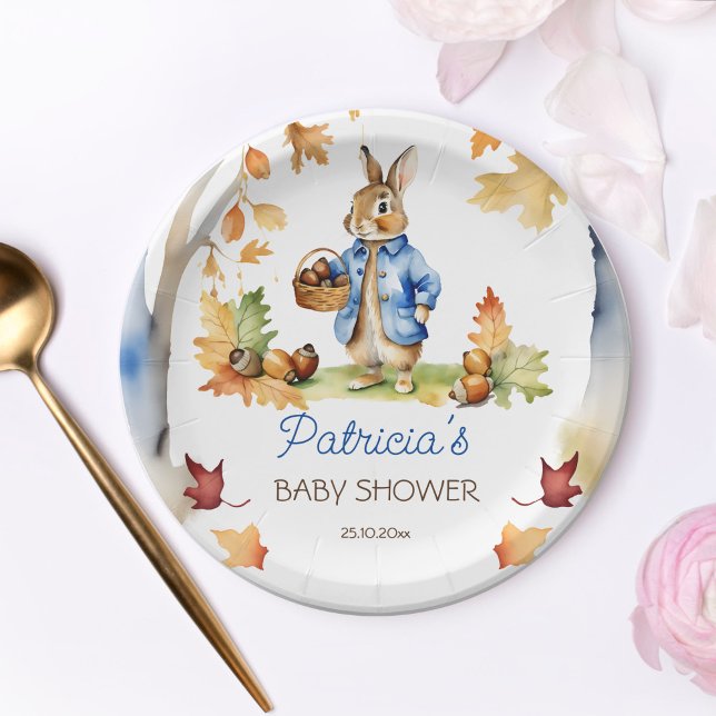 Peter rabbit fall baby shower tableware paper plate (Peter Rabbit baby shower tableware personalized party plates fall themed bunny with acorn basket)