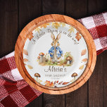 Peter rabbit fall themed baby shower tableware paper plate<br><div class="desc">Peter rabbit fall themed baby shower tableware template personalized plates,  a cute bunny in a blue jacket with mushrooms and fall leaves,  nice for autumn time functions.</div>