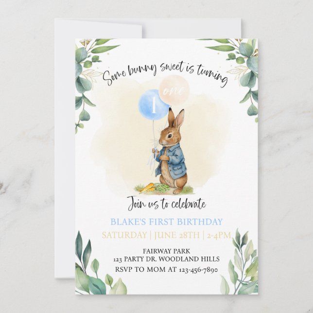 Peter Rabbit First Birthday, Bunny, 1st Birthday,  Invitation (Front)