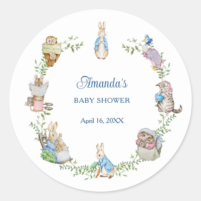 Peter Rabbit Friends Baby Shower Classic Round Sticker (Front)