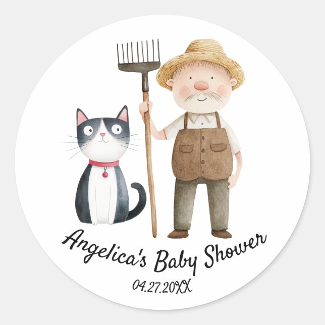 Peter Rabbit Mr. McGregor and Cat Baby Shower Classic Round Sticker (Front)
