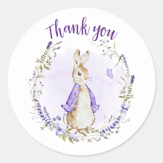 Peter Rabbit Purple Baby Shower Thank you Classic Round Sticker (Front)