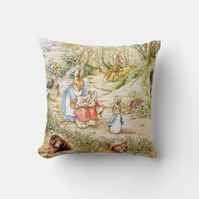 Peter Rabbit’s Neighbourhood by Beatrix Potter Throw Pillow (Front)