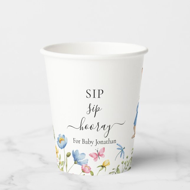 Peter Rabbit Sip Sip Hooray Baby Shower Floral Paper Cups (Front)
