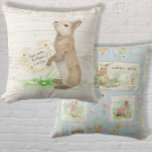 Peter Rabbit Watercolor Rustic Wood Dusty Blue Boy Throw Pillow<br><div class="desc">Adorable, Peter Rabbit inspired baby collection. This design features a soft tan bunny rabbit with a heart shaped wooden sign you can personalize with baby's name and birth date or any information you would like. The reverse side has a pattern with cute images of watercolor painted bunnies in the garden....</div>